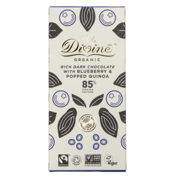 Divine Organic, mörk choklad 85%,  blåbär/quinoa, ekologisk