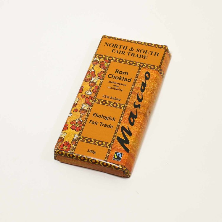 Mascao choklad med romsmak, utan emulgeringsmedel. Fair Trade och ekologisk.