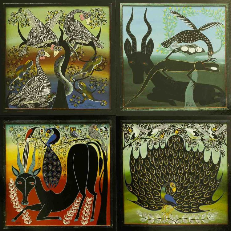Tingatinga vykort från Tanzania, 4 motiv med antilop, gasell, orm, påfågel. Naivistiska målningar, Tinga Tinga Arts Cooperative Society, Dar es Salaam.