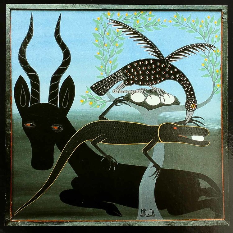 Tingatinga vykort från Tanzania, motiv med antilop. Naivistiska målningar, Tinga Tinga Arts Cooperative Society, Dar es Salaam.