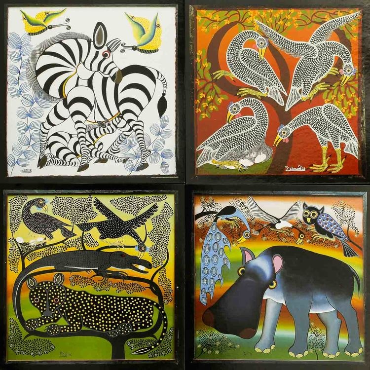 Tingatinga vykort från Tanzania, 4 motiv med sebra, flodhäst, leopard, pärlhöns. Naivistiska målningar, Tinga Tinga Arts Cooperative Society, Dar es Salaam