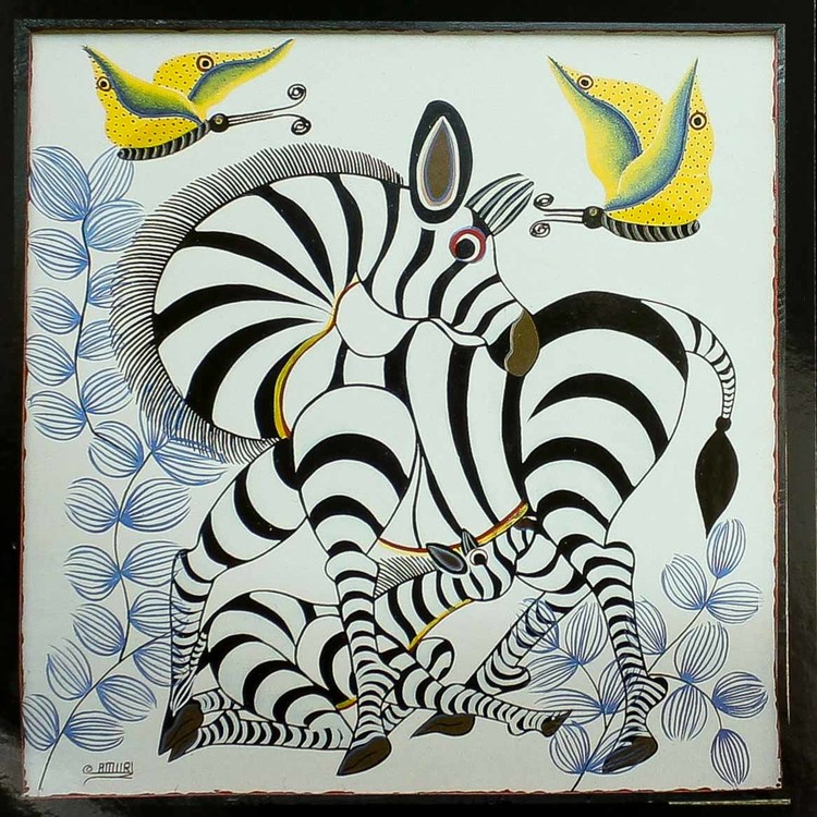 Tingatinga vykort från Tanzania, motiv med sebra. Naivistiska målningar, Tinga Tinga Arts Cooperative Society, Dar es Salaam.