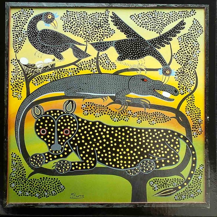 Tingatinga vykort från Tanzania, motiv med leopard. Naivistiska målningar, Tinga Tinga Arts Cooperative Society, Dar es Salaam.