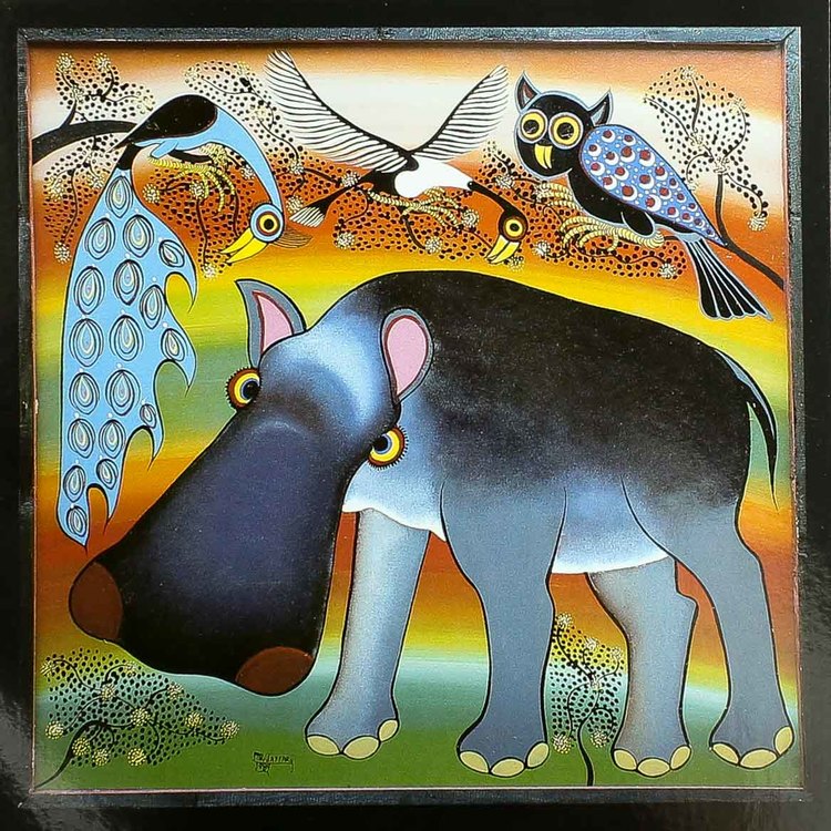 Tingatinga vykort från Tanzania, motiv med flodhäst. Naivistiska målningar, Tinga Tinga Arts Cooperative Society, Dar es Salaam.