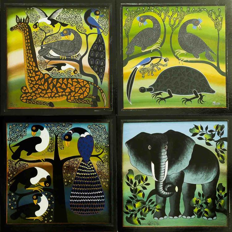 Tinga-tinga vykort från Tanzania, 4 stycken, elefant, peacock, giraff, sköldpadda, fåglar. Mruta, Amonde