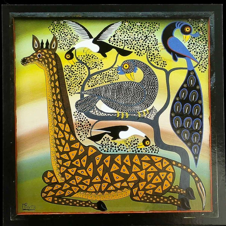 Tingatinga vykort från Tanzania. Motiv med giraff, naivistiska målningar, Tinga Tinga Arts Cooperative Society, Dar es Salaam