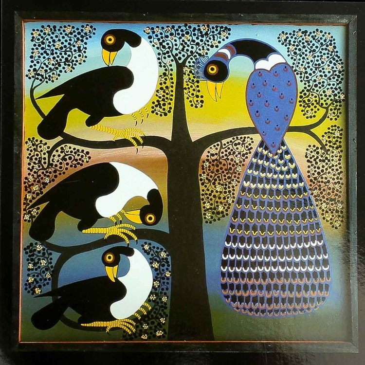 Tingatinga vykort från Tanzania. Motiv med påfågel, naivistiska målningar, Tinga Tinga Arts Cooperative Society, Dar es Salaam