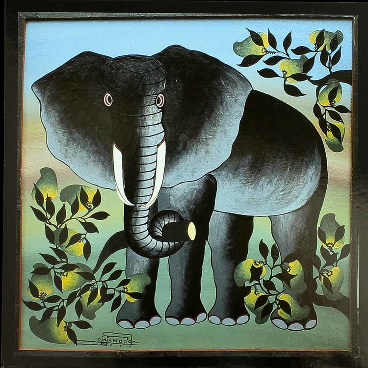 Tingatinga vykort från Tanzania. Motiv med elefant, naivistiska målningar, Tinga Tinga Arts Cooperative Society, Dar es Salaam