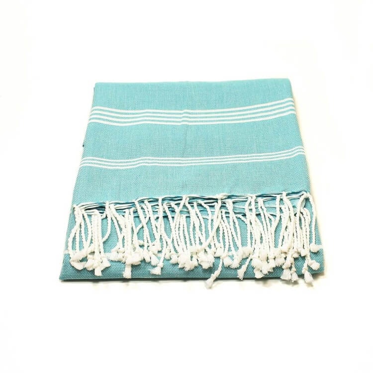 Mjuk & lätt badduk, fouta, hamam. Ljusturkos. God uppsugningsförmåga. Torkar snabbt. Perfekt på stranden & på resan. Även som bordsduk. Ekologisk & Fair Trade.