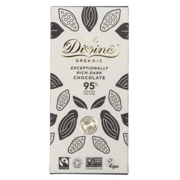 Divine Organic Exceptionally Rich Dark Chocolate är en mörk choklad från kakaoön Sao Tomé utanför Västafrikas kust. Ekologisk & Fairtrade.