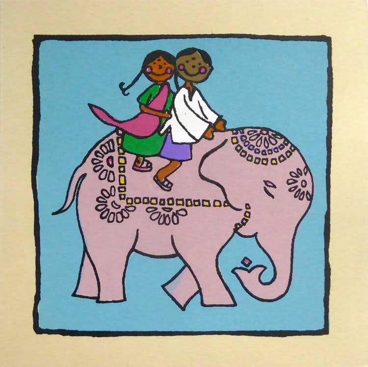 Brevkort av kraftigt hampapapper, vikt kort. Motiv Glada barn ridande smyckad elefant. Handgjort. Med kuvert