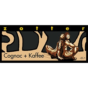 Zotter konjak + kaffe, en kaffecouvertyr av mörk choklad, med krämig fyllning. Handgjord & ekologisk, Fair Trade.