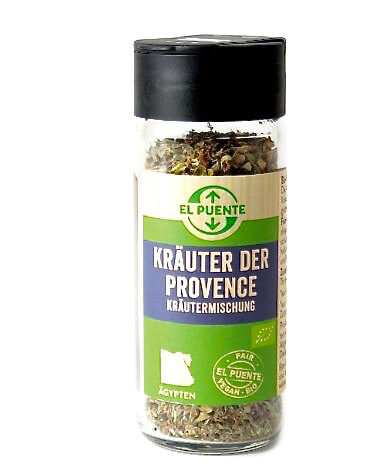 Herbes de Provence, ekologisk kryddblandning som passar till soppor, gratänger, pastasås, pizza, lamm och kyckling. Fair Trade. Glasburk.