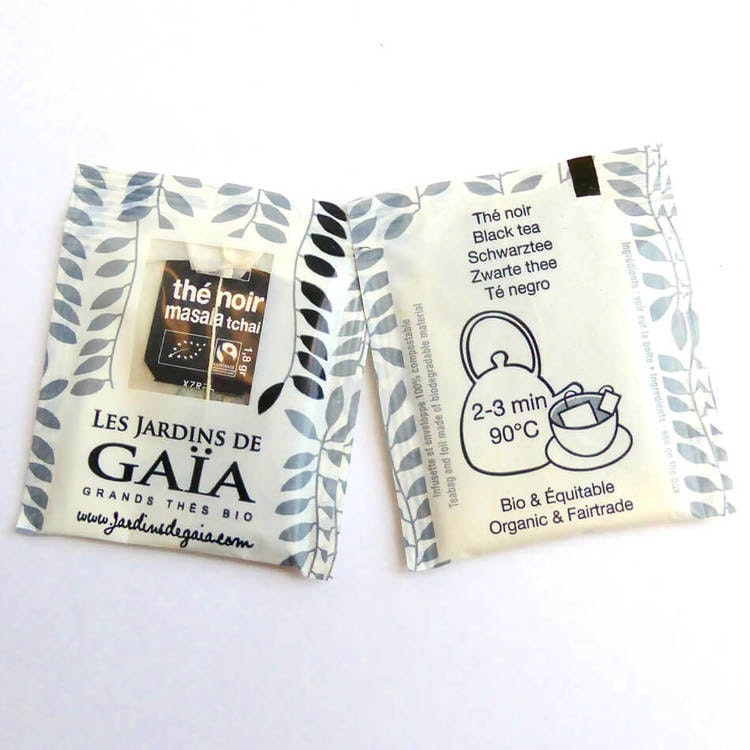 Påste, kryddat svartte, Fairtrade & ekologiakt. Les Jardins de Gaia. Exempel på påse och kuvert.