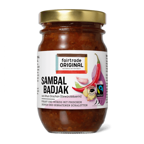Kryddpasta Sambal badjak, den mer smakrika varianten till chilipastan Sambal oelek. Fairtrade-märkt från Thailand.