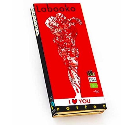 Zotter Labooko, I Love You, är två exklusiva chokladkakor i en förpackning, som passar perfekt ihop. mörk choklad, 60 % , och hallon.