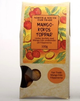 Välsmakande mangokokos-toppar av fruktig mangopuré och kokos. Ekologiska och Fair Trade från Filippinerna. Till fredagsmys.