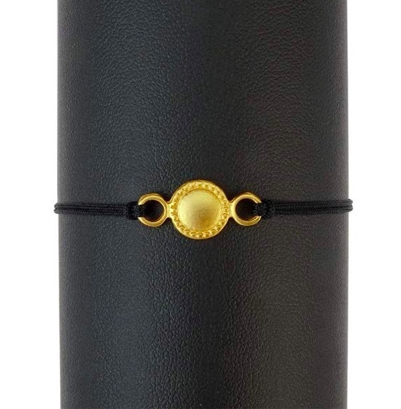 Armband med solen som smycke, 24 karat, gulddouble, Fairminde-certifiering Colombia. Textilarmband med glidande knut. Fair Trade.