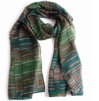 Sjal, scarf, siden, grön/svart/vit mönster