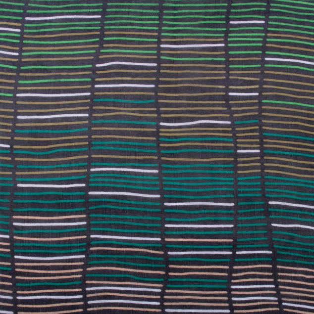 Sidensjal med tryckt mönster i gröna, svarta, vita och ljusbruna färger. Detaljbild. Fair Trade från Indien.