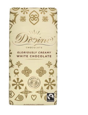 Divine White Chocolate är en klassisk vit choklad med ljuvligt smak. Fairtrade-kakao från Ghana. Även utmärkt till bakning.