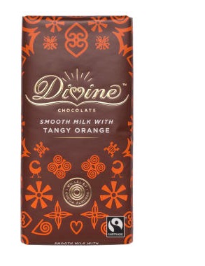 Divine Tangy Orange Milk Chocolate, en mjölkchoklad med apelsinsmak. Kakao från Ghana, Fairtrade.