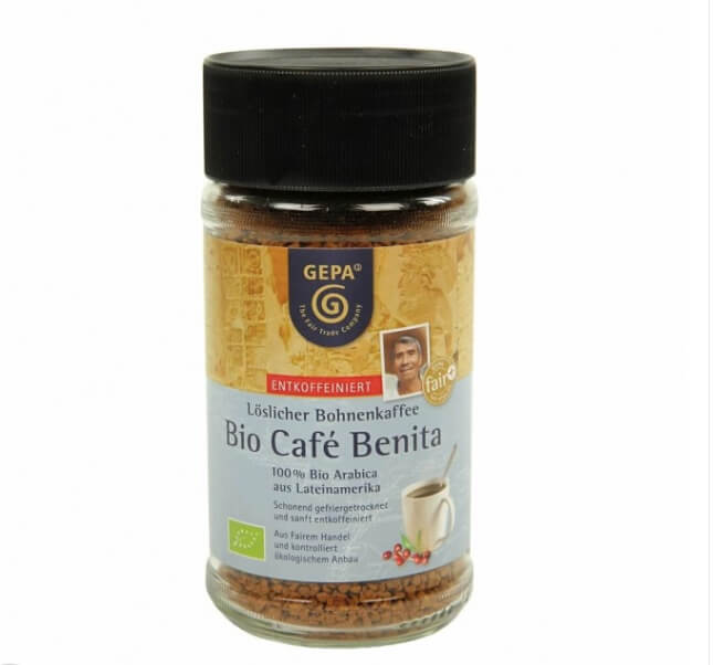 'Cafe Benita', frystorkat ekologiskt snabbkaffe utan koffein, med fyllig smak. Arabicabönor från små odlingar i Latinamerika. Koffeinfritt genom koldioxidprocessen. Ekologiskt, Fair Trade & utan koffe