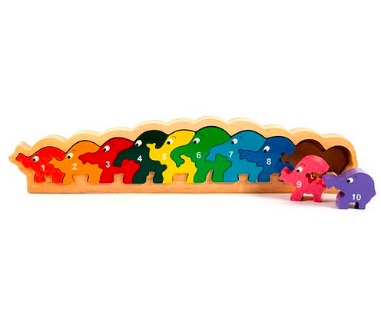 Pussel i ram med elefanter på rad i klara färger numrerade från 1 - 10. Fairwood.