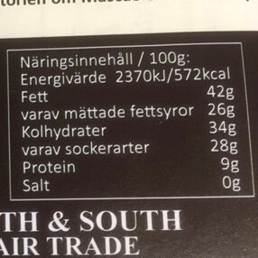 Näringsinnehåll /Energivärde Mascao mörk choklad.