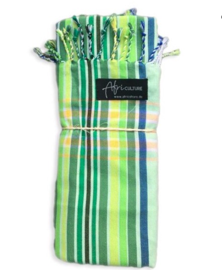 Traditionell kikoi, strandhandduk, sarong från Kenya, grönt-randigt mönster. Östafrikansk bomull. Fair Trade.