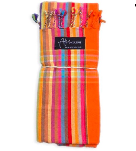En klassisk Swaheli-kikoi från Kenya. Strandhandduk, sarong. Randigt mönster i orange-gul. Fair Trade.