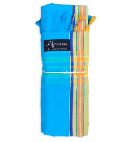 En klassisk Swaheli-kikoi från Kenya. Turkis med ljusa gröngula ränder. Strandhandduk, sarong. Fair Trade.