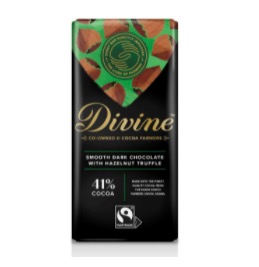 Divine Mörk choklad 41 %, fylld med HASSELNÖTstryffel. Krämig, läcker och fyllig smak. Fairtrade.