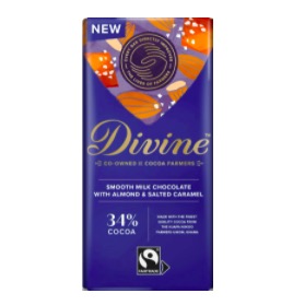 Divine Mjölkchoklad, mandlar & saltkaramell, kolacrisp blandad med havssalt. Fairtrade.