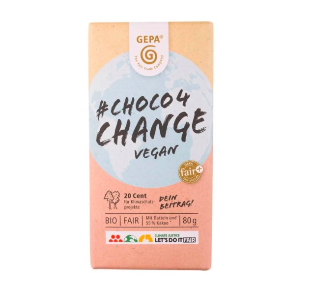 Chokladkaka Choco4change med sötman från malda dadlar, ekologisk, vegansk, sockerfri. Fair Trade.