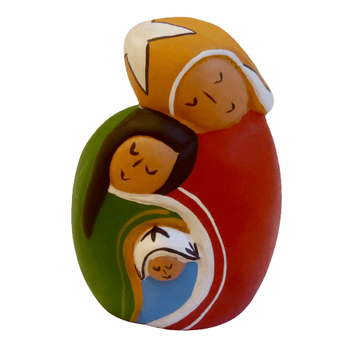Den heliga familjen med Kristusbarnet, Maria och Josef i kärleksfull omfamning, Keramik från Peru, för Fair Trde.