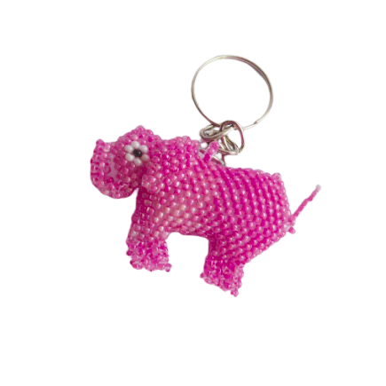 Pärlad nyckelring med rosa elefant. Pyttesmå glaspärlor på björntråd. Fair Trade Guatemala.