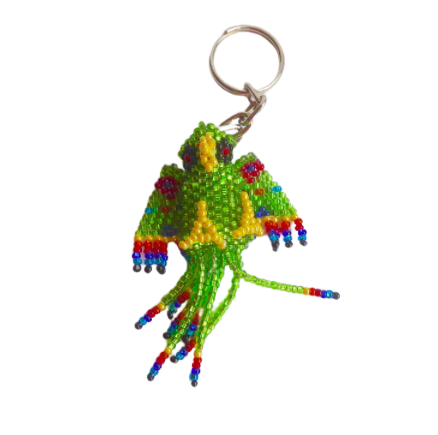 Nyckelring av små pärlor, grön papegoja. Handpärlad i Guatemala för Fair Trade. Fair Monkey