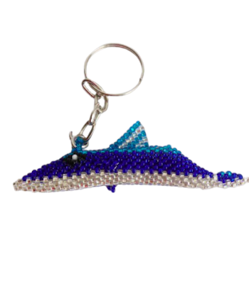Nyckelring av glaspärlor, Fisk, blå/silvrig