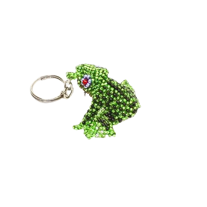 Nyckelring med djurmotiv, groda. Handgjord av många, mycket små glaspärlor i olika nyanser av grön.