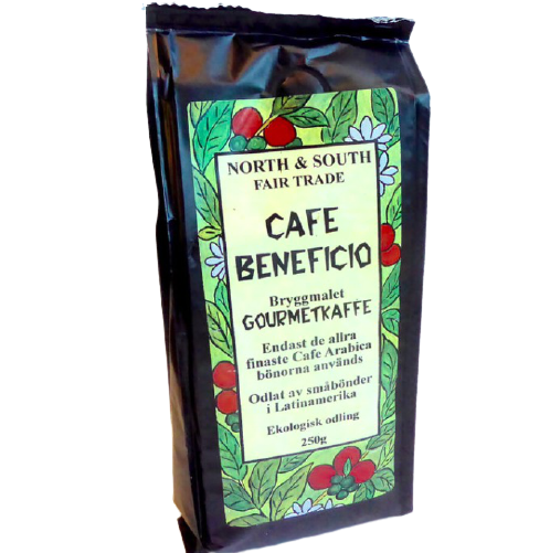 Cafe Beneficio bryggmalet gourmetkaffe av arabicabönor. Ett smakrikt kaffe med angenäm eftersmak. Rostat av Simon Levelt, Nederländerna. Ekologiskt och Fair Trade.