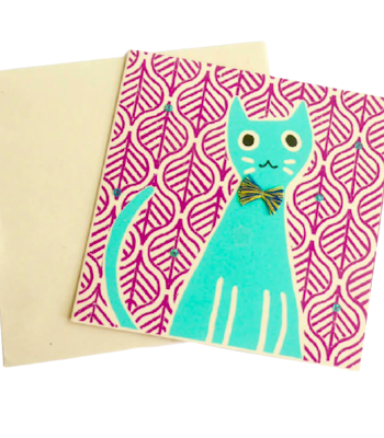 Brevkort, turkos katt med kravatt, handgjort