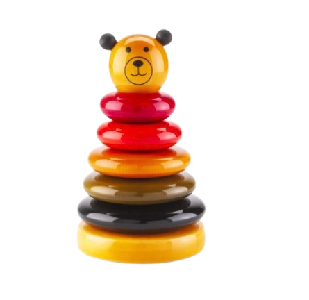 Stapelsorterare, en liten björn i trä, med naturliga färger, 6 rörliga delar. Fair Trade.