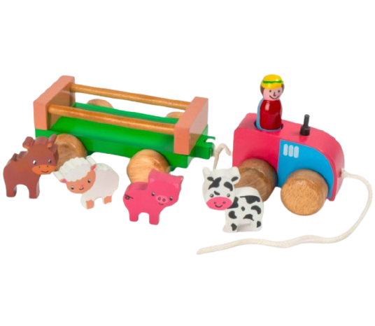 Dragleksak i trä, Traktor med tama djur och förare. Djuren står bredvid släpet. Leksak som barnet inte tröttnar på. Fair Trade.