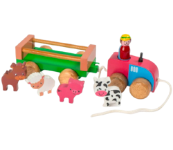 Dragleksak i trä, Traktor med släp & tama djur