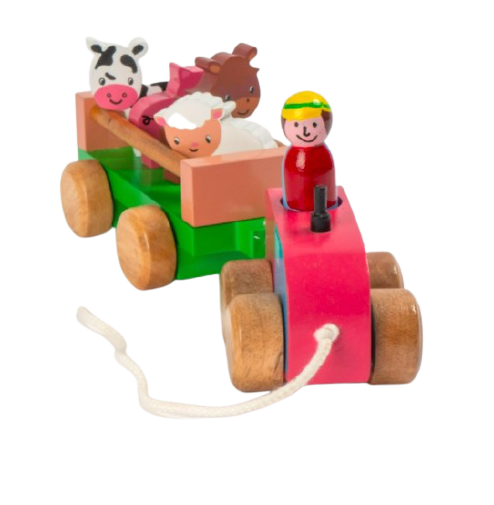 Dragleksak i trä, Traktor med tama djur och förare. 7 färgglada rörliga delar, djuren står på släpet, föraren sitter i traktor. En leksak som barnet inte tröttnar på. Fair Trade.
