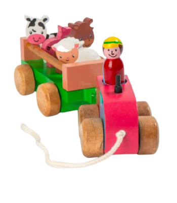 Dragleksak i trä, Traktor med släp & tama djur