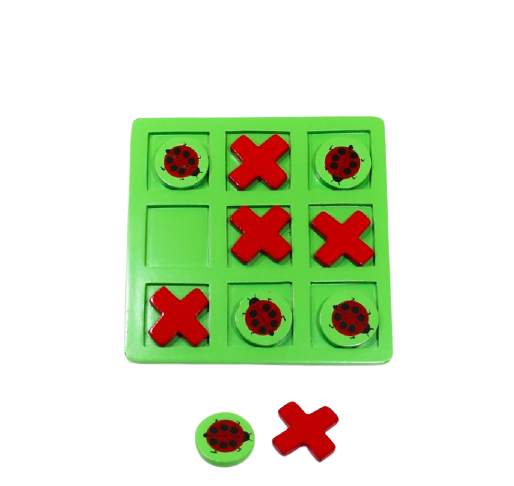 Luffarschack med grön spelplan, 3 i rad. Brickorna är röda kryss & nyckelpigor på grön platta.  En extra bricka av varje.