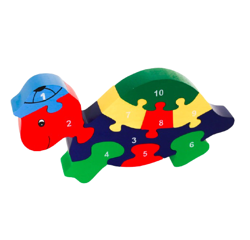 Pussel i trä, sköldpadda i med ljusblå keps, 10 delar i kraftig röd, blå, grön & gul, numrerade från 1 till 10.