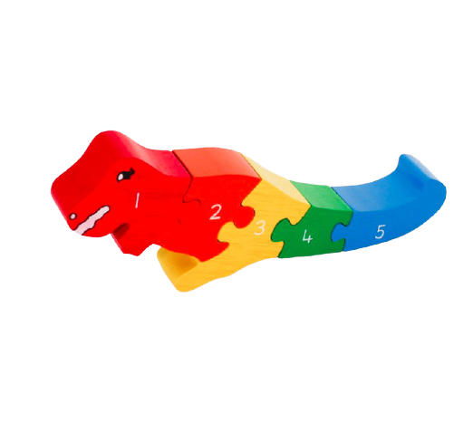 Pussel i trä, dinosaurie, 5 delar i kraftigt röd, orange, grön & blå, numrerade från 1 till 5, börjar vid huvudet.